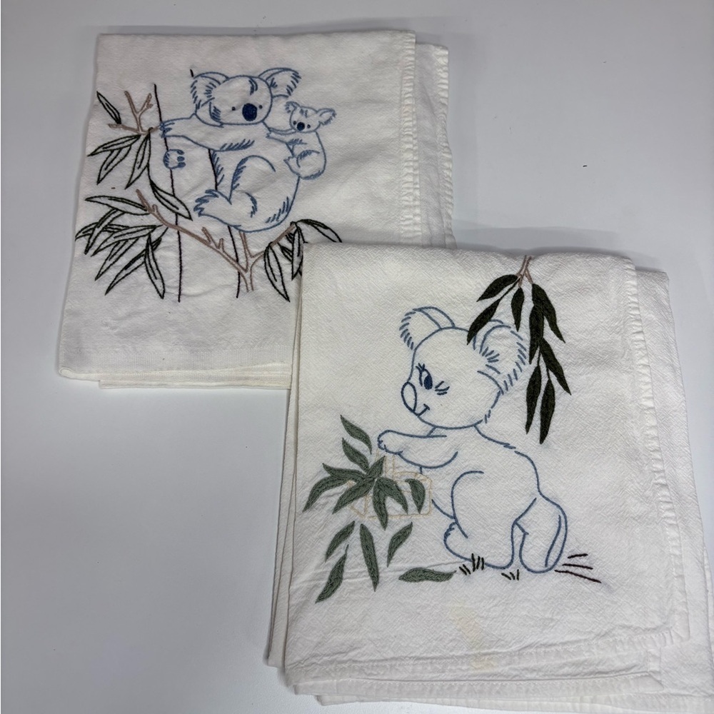 Embroidered Koala Cotton Hand Towels - White with Green & Blue Accents